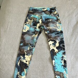 Beyond Yoga Pants Leggings Womens Size Large Blue Metallic Gold Mauve Marble